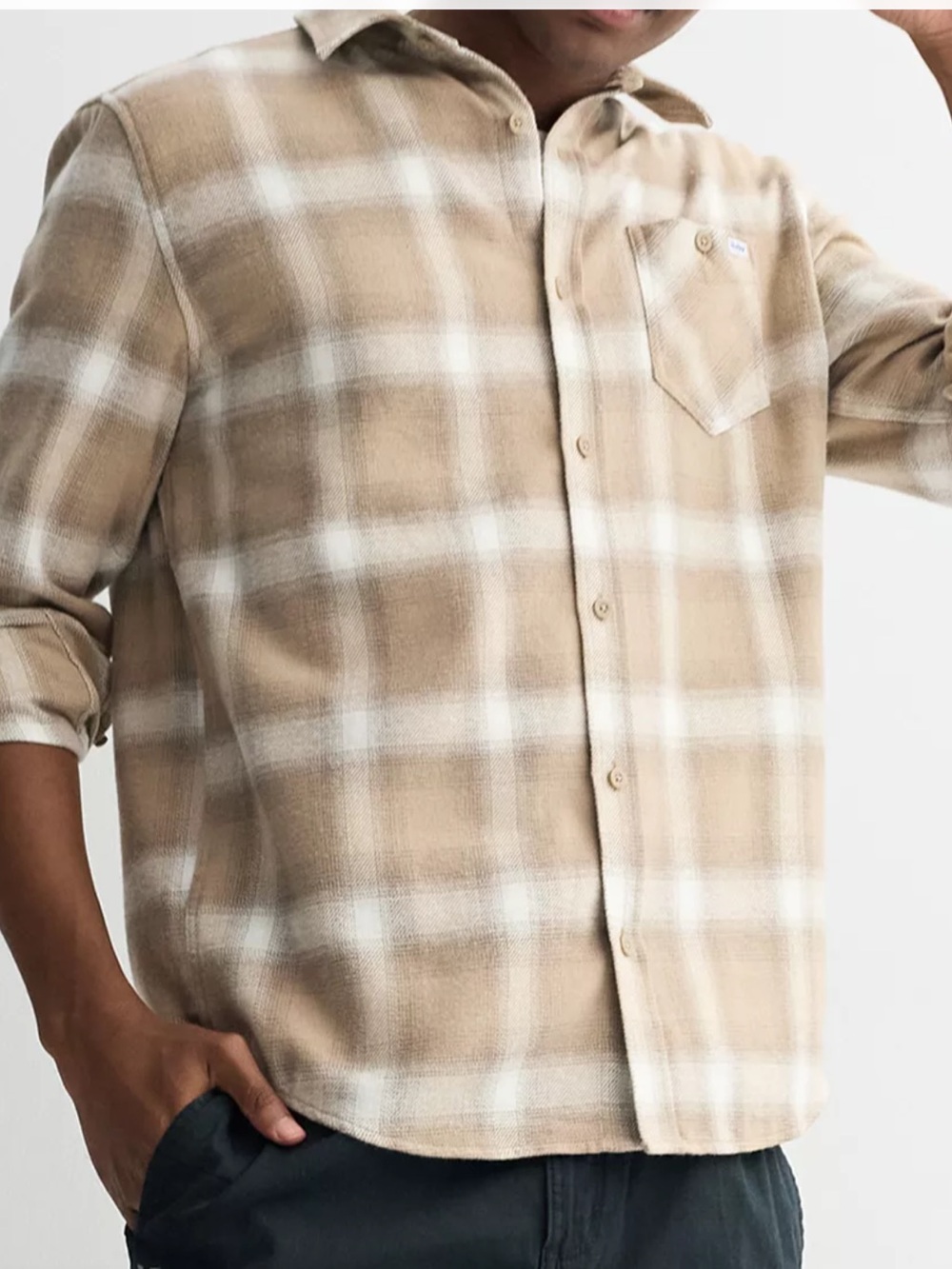 Hurley Beige and White Flannel Plaid Button-Down Shirt